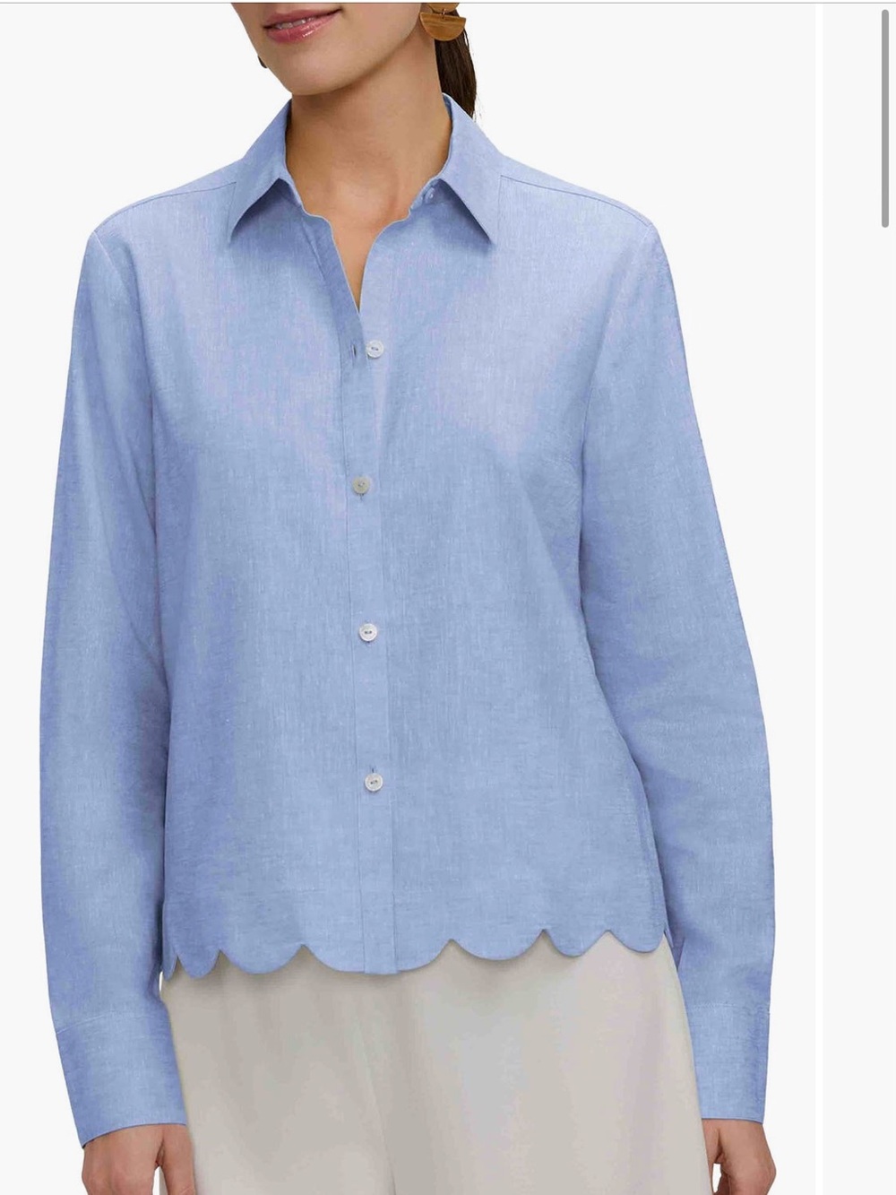 Foxcroft Scarlett Scallop Hem Linen Blend Button-Up size small - Picture 3 of 14